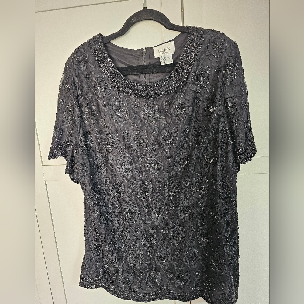 Vtg Candlelight & Champagne Black Beaded Sequin Top 24W Lace Formal Blouse Lined